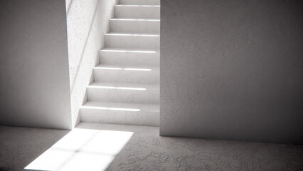3D render of stair base with dramatic sunlight and shadows. Ideal for architectural visualization, interior design, and minimalist concept mockups with strong geometric contrast.
