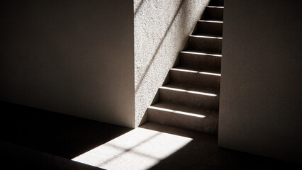 3D render of stair base with dramatic sunlight and shadows. Ideal for architectural visualization, interior design, and minimalist concept mockups with strong geometric contrast.
