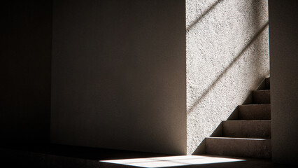 3D render of stair base with dramatic sunlight and shadows. Ideal for architectural visualization, interior design, and minimalist concept mockups with strong geometric contrast.