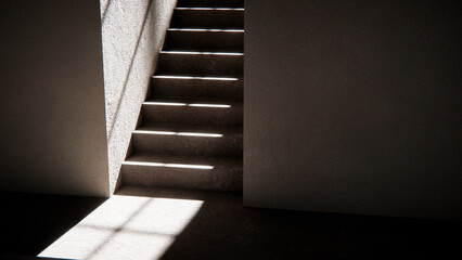 3D render of stair base with dramatic sunlight and shadows. Ideal for architectural visualization, interior design, and minimalist concept mockups with strong geometric contrast.