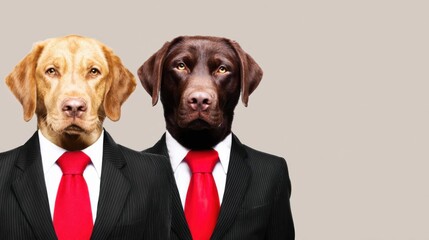Two dogs dressed in stylish suits representing professionalism and charm in a fun and engaging office environment