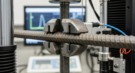 Closeup of industrial tensile strength test on steel reinforcing bar in laboratory with mechanical clamps and digital measurement equipment in background