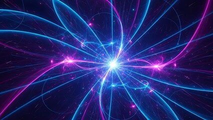 Vibrant neon light trails radiate from glowing center in space