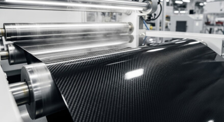 Shiny carbon fiber sheet moving through industrial roller machine in modern factory, closeup of composite material manufacturing process for high performance applications