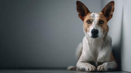 Dog sitting and looking directly at the camera with a curious expression in a bright indoor setting
