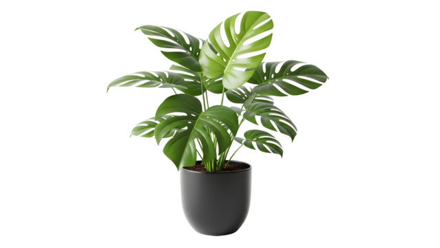 Lush Green Monstera Plant in Gray Pot on Transparent Background - Powered by Adobe