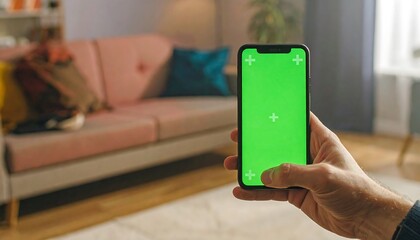 Hand holding phone with green screen in living room.