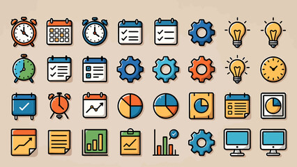 A vibrant collection of business and productivity icons, including clocks, calendars, charts, and settings, in a flat design style.