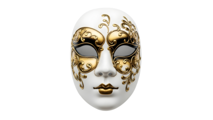 Ornate Venetian mask with gold accents and black eyes on transparent background