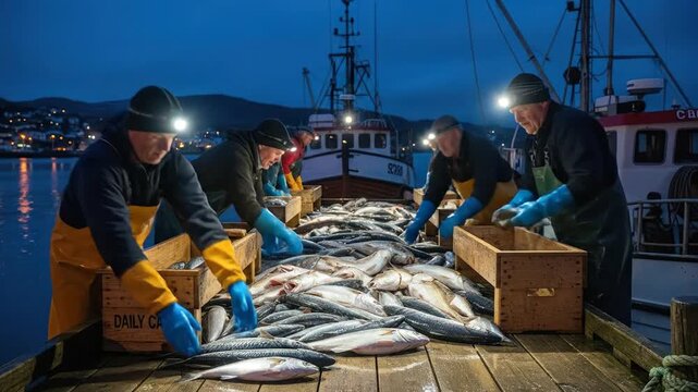 Fishermen sorting fresh catch of fish on a boat at dusk.