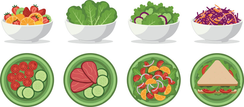 Vector illustration of healthy salad bowls and fresh vegetable plates isolated on white for nutrition and wellness themes.