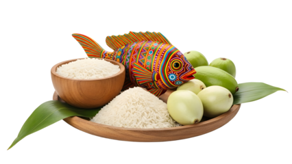 Colorful fish sculpture with rice, fruit, and leaves on transparent background