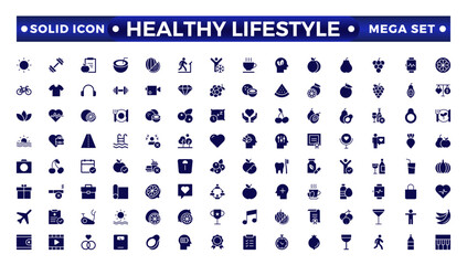Healthy Lifestyle solid icon set with nutrition, exercise, sleep, stress management, hydration, mental, mindfulness, and yoga. Healthy Lifestyle solid icon set.