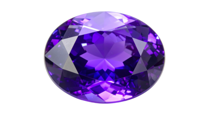 A faceted oval gemstone exhibits a vibrant purple color against black