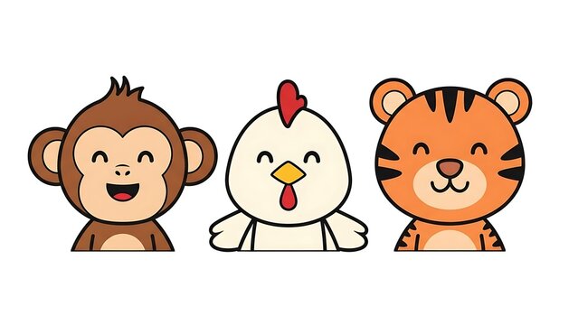 Cartoon animal friends smiling together.