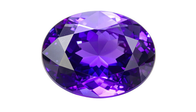 A faceted oval gemstone exhibits a vibrant purple color against black