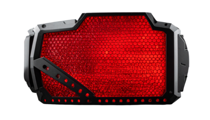 Dark, geometric device with red honeycomb lighting