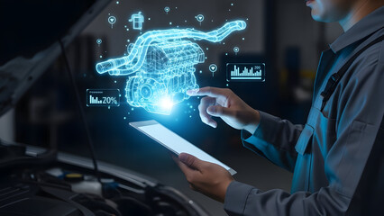 Auto mechanic using digital tablet with futuristic hologram car engine for smart diagnostic analysis in repair service workshop garage
