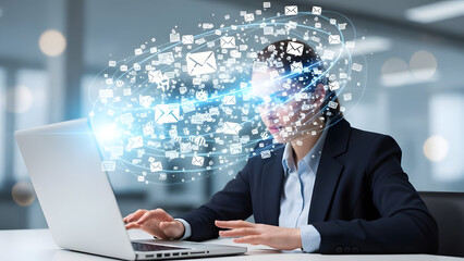 Business woman working on laptop with massive cloud of glowing email icons representing communication overload and digital stress concept