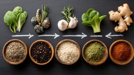 A variety of spices displayed for gut nourish spiral concept emphasizing nutritional reinforcement and diversity