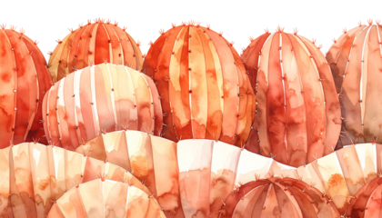 Watercolor cacti row in shades of orange and tan, with detailed spines