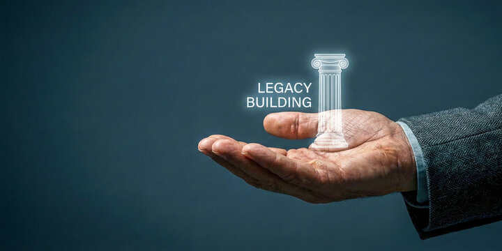 Financial high level planning concept legacy building pillar hologram above senior businessman hand