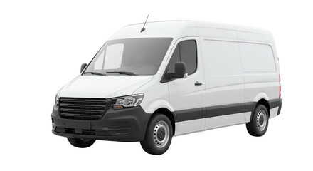 Pristine White Cargo Van with Black Accents, Frontal Perspective View.