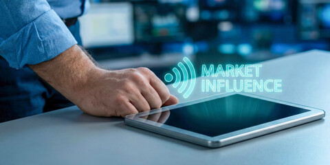 Financial high level planning concept market influence digital tablet future strategy, modern business hand gesture symbolizing control and power