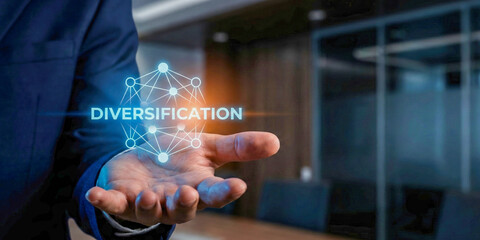 Financial high level planning concept diversification strategy network glowing hologram over business hand