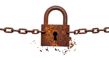 A rusted padlock secures a chain against a stark black background