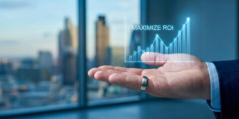 Financial planning concept for high level return on investment growth hologram in business hand with city office background