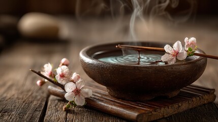 Bowl of hot water with a pair of chopsticks for a soothing aromatherapy ritual in a relaxing home environment