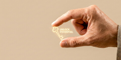Financial high level planning concept key unlock potential in male hand symbol of success motivation and opportunity