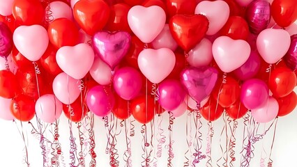 A vibrant display of heart-shaped balloons in red and pink hues floating against a white background