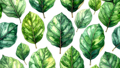 Watercolor leaves of varying greens on black background, pattern