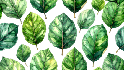 Watercolor leaves of varying greens on black background, pattern