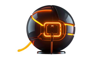 Spherical black tech device with glowing orange accents on a dark background