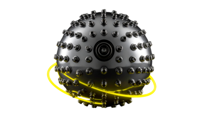 Sphere with studs and glowing ring on black background