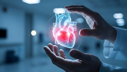Advanced Cardiology Concept with Glowing Digital Human Heart Hologram and Professional Healthcare Provider Hands