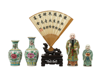 Exquisite Chinese Art Collection: Vases, Fan, Statues, and Dragon Stand.