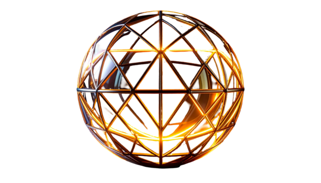 Metallic globe composed of triangles, lit from within, on black - Powered by Adobe