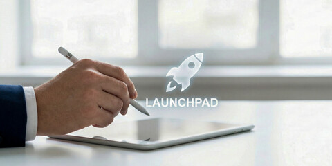 Financial high level planning concept for startup launchpad on digital tablet screen with stylus in modern bright office setting