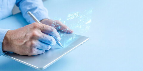 High tech data financial planning concept for advanced analytics and level dashboard on tablet screen in modern office workflow