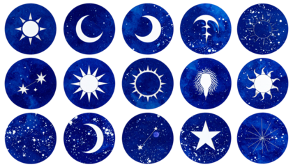 Fifteen celestial glyphs, rendered within blue watercolor circles