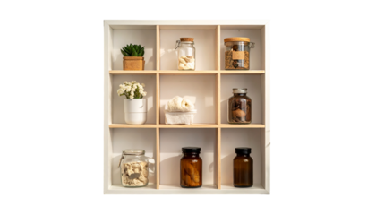 White shelf with assorted jars, plants, and small decorative items