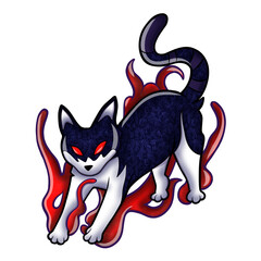 Dark Cat Tattoo Design with Red Eyes and Flame Hand Drawn Illustration