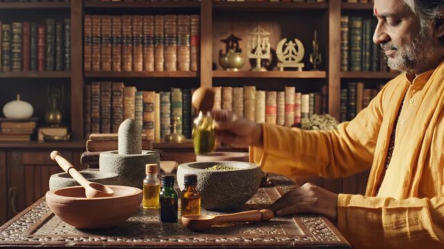 Ayurvedic Practitioner Preparing Herbal Medicine in Traditional Setting Video Footage