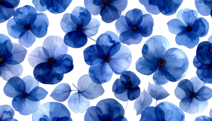 Delicate blue watercolor flowers float on a black background