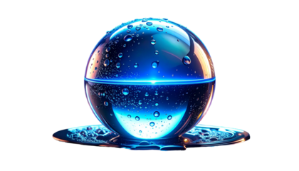 A transparent sphere with water droplets, reflecting blue light, on black