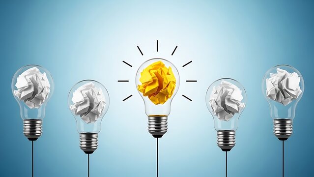 Conceptual representation of one brilliant innovative idea standing out clearly from many discarded failed attempts symbolized by light bulbs on a blue background